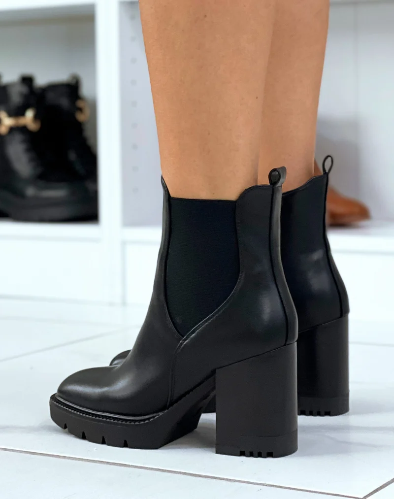 Bottines noires inspiration chelsea à haut talon épais
