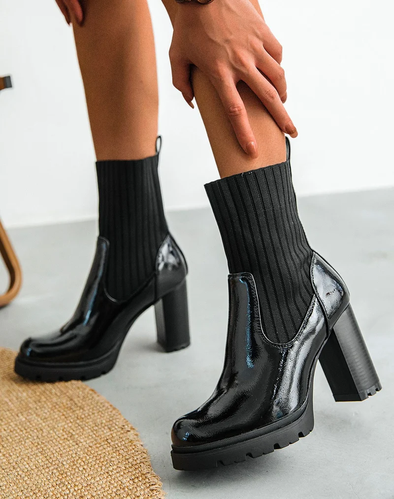 Bottines noires vernis à talon et élastique