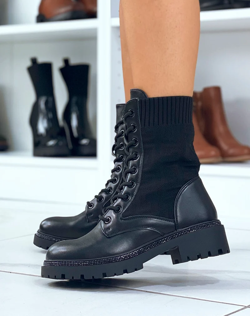 Bottines noires effet chaussette à liseré à strass