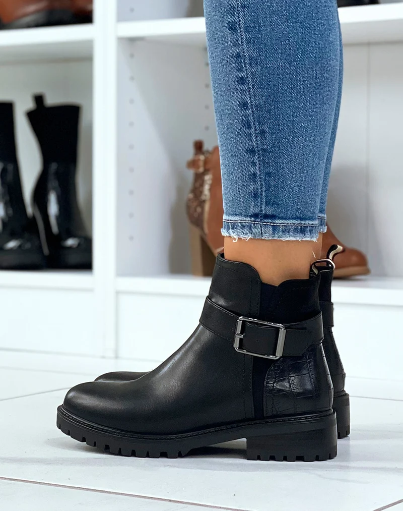 Bottines noires avec élastique échancré et effet croco