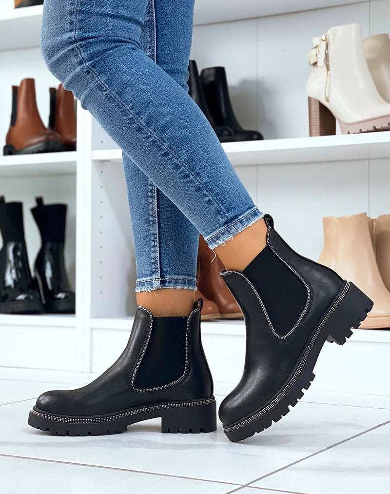 Chelsea boots noires à liserés à strass argentés