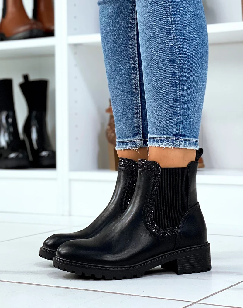 Bottines noires inspiration chelsea à empiècement pailleté