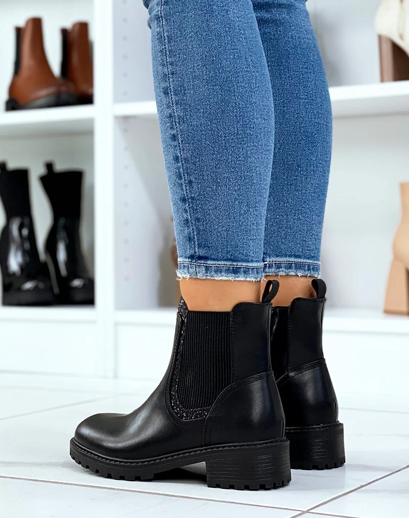 Bottines noires inspiration chelsea à empiècement pailleté