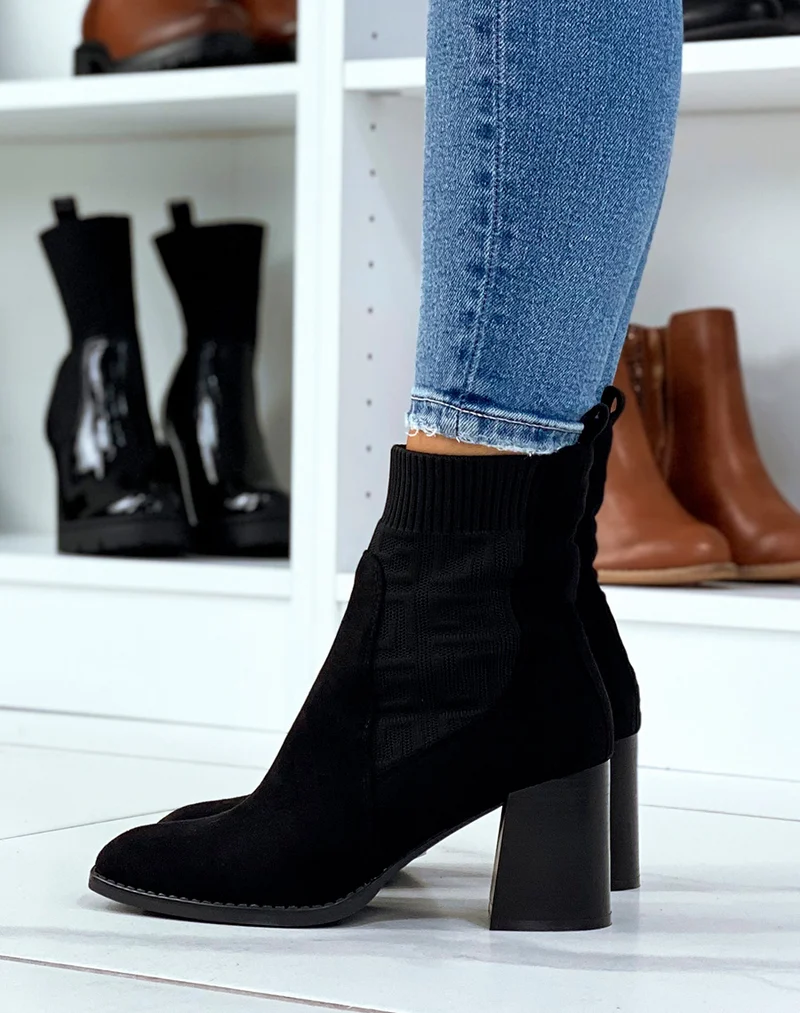 Bottines en suédine noire effet chaussette à talon