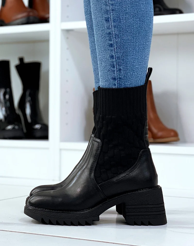 Bottines noires effet chaussette à talon épais à semelle crantée