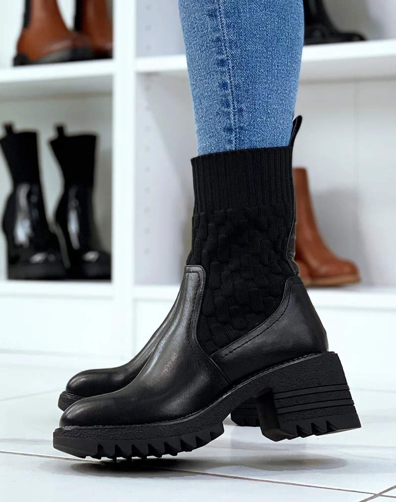 Bottines noires effet chaussette à talon épais à semelle crantée