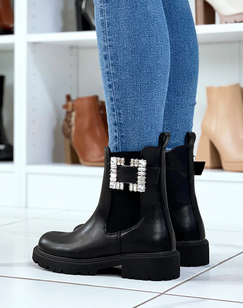 Bottines chelsea noires à détail carré à strass