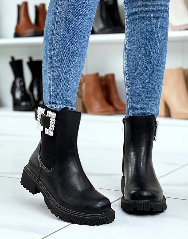 Bottines chelsea noires à détail carré à strass