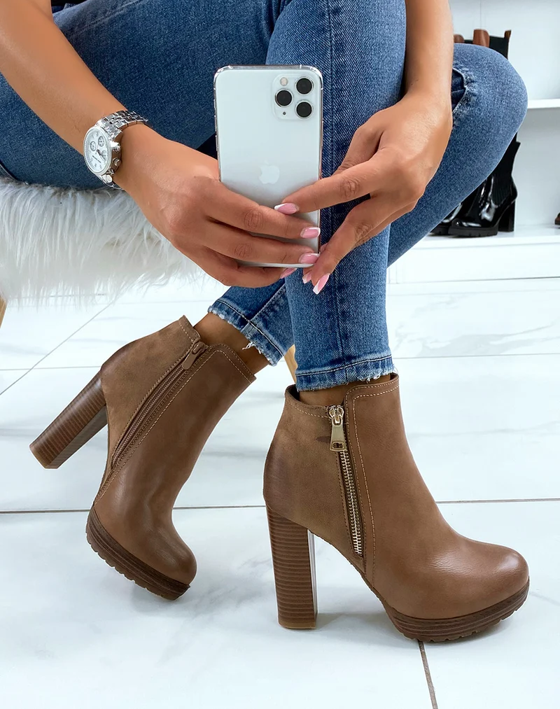 Bottines à talon taupe bi-matière