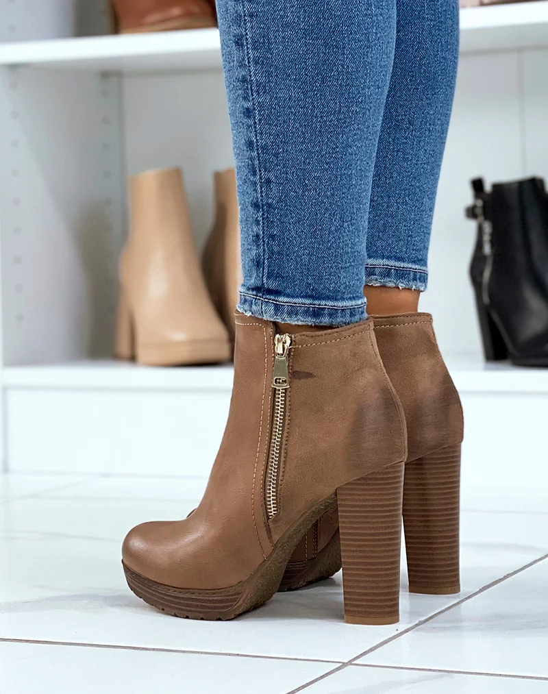 Bottines à talon taupe bi-matière