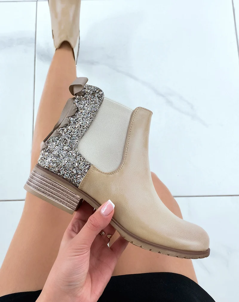 Chelsea boots basses taupe à paillettes et noeud