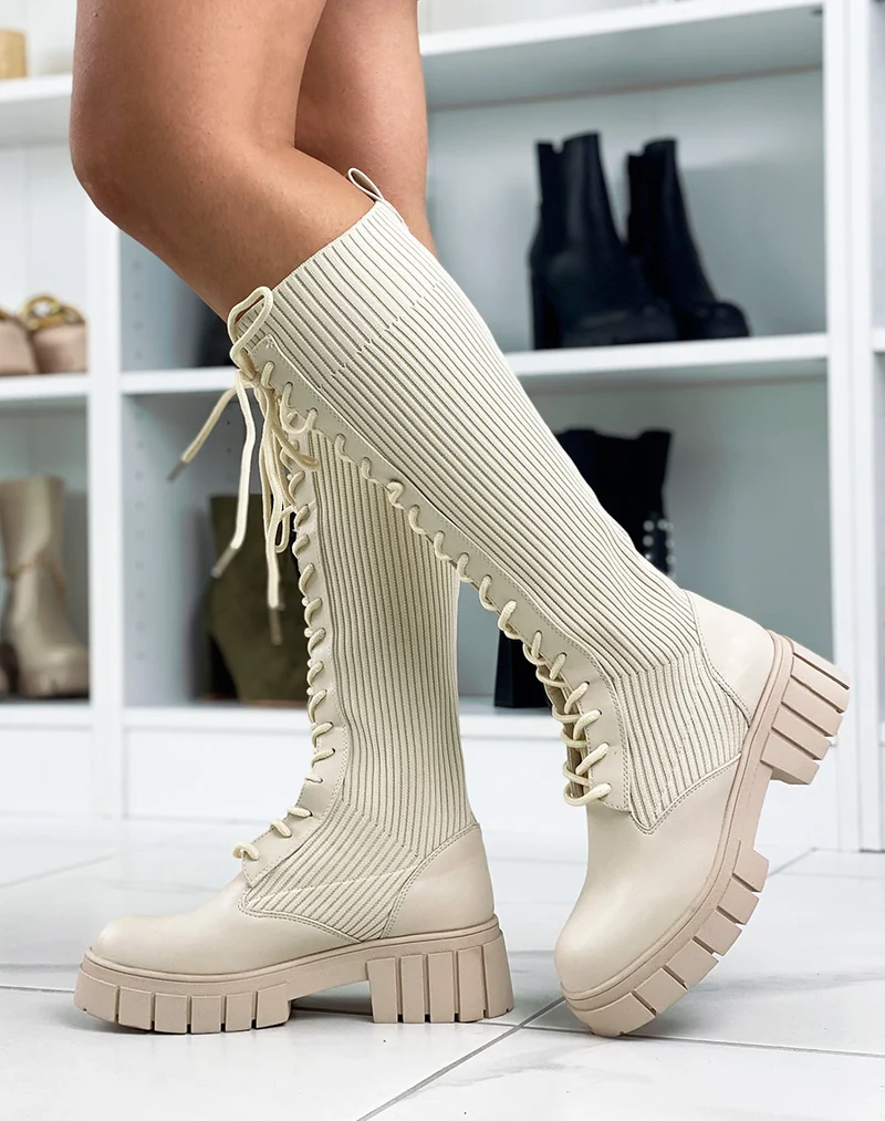 Bottes beiges effet chaussette à lacets