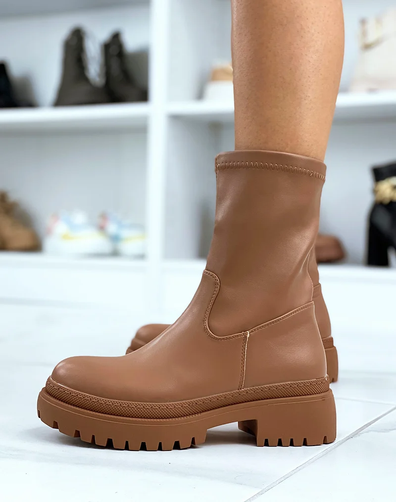Bottines camel effet chaussette en similicuir