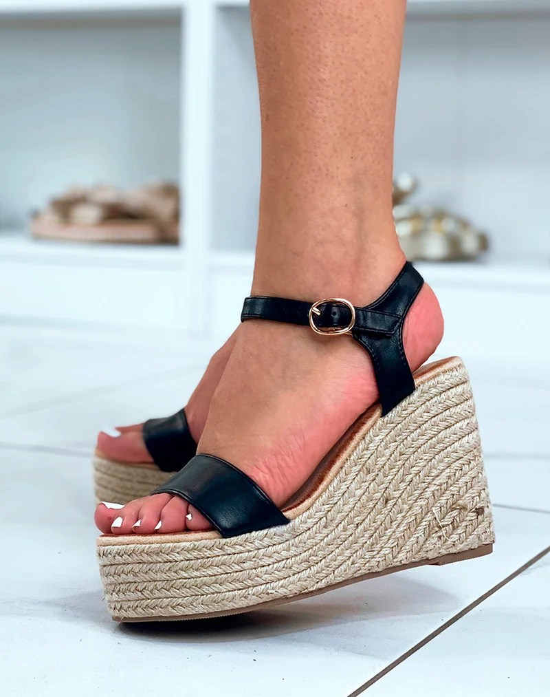 Compensées noires à talon en toile de jute
