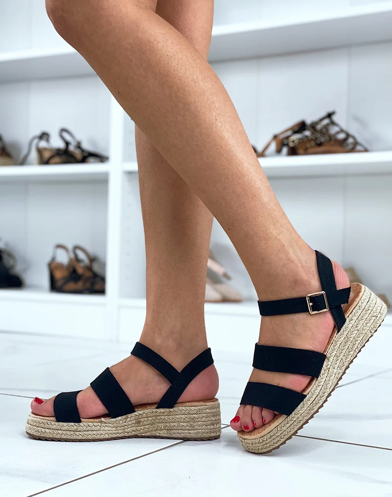 Sandales plates noires à doubles sangles en toile avec plateforme en jute
