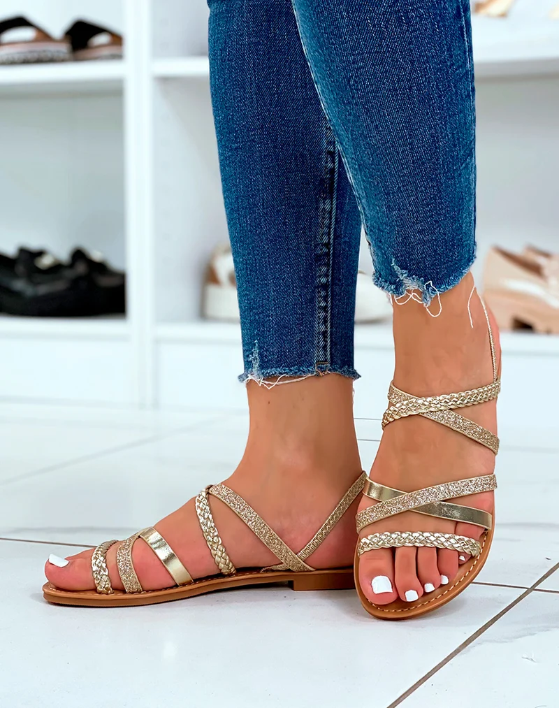 Nu-pieds dorés à multiples brides tressées et pailletées