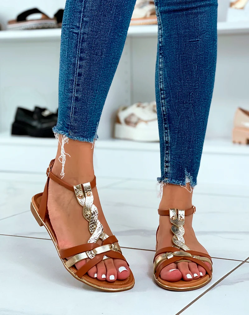 Nu-pieds camel à double brides torsadées
