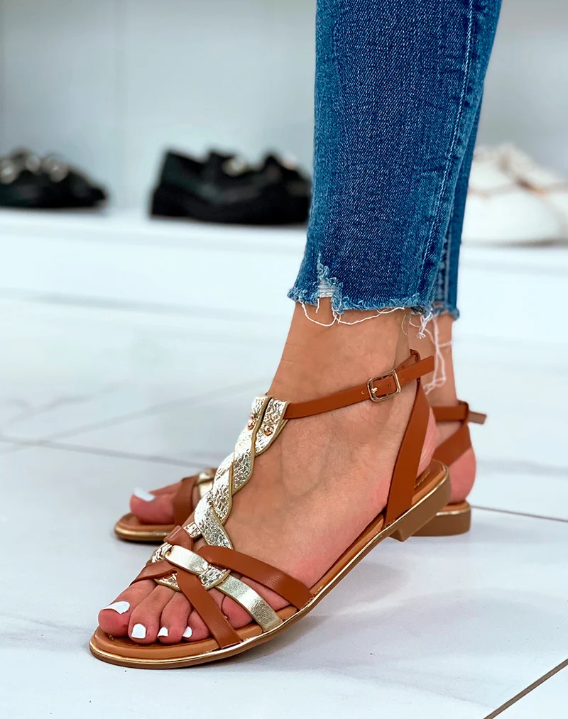 Nu-pieds camel à double brides torsadées