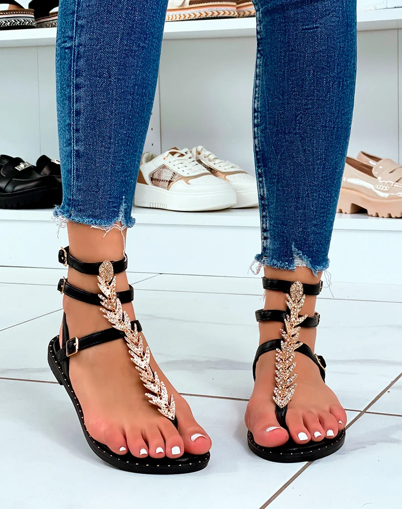 Nu-pieds noirs à bijoux dorés strassés
