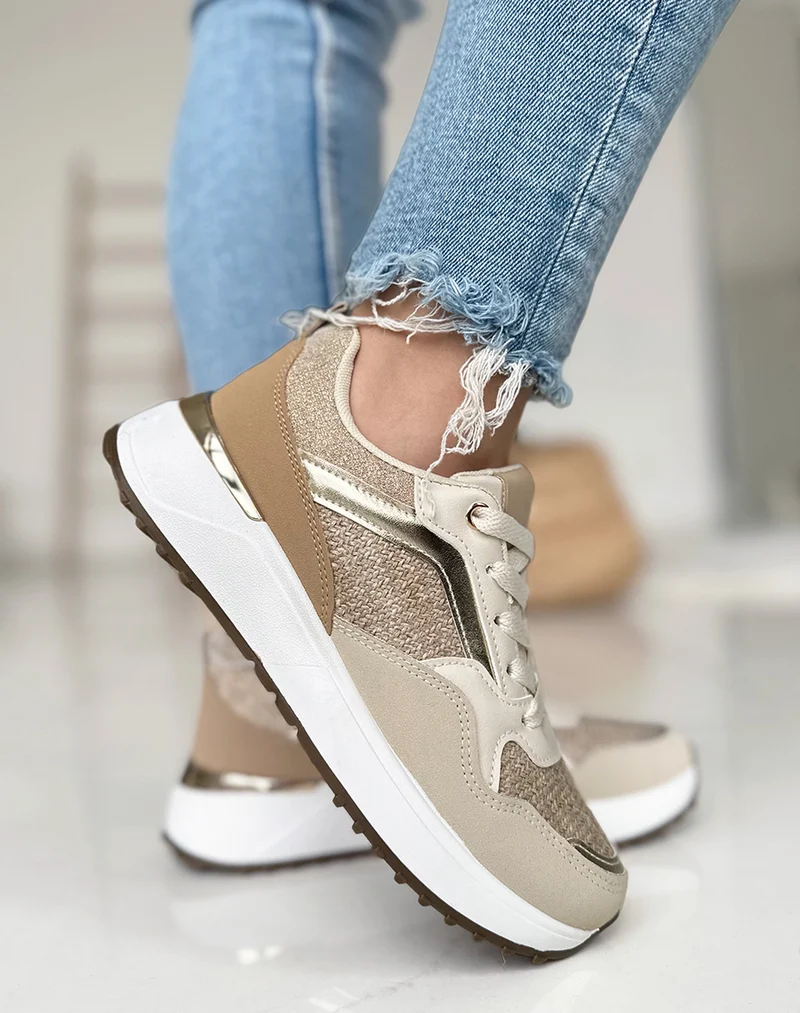 Baskets taupes à empiècements beige et pailleté