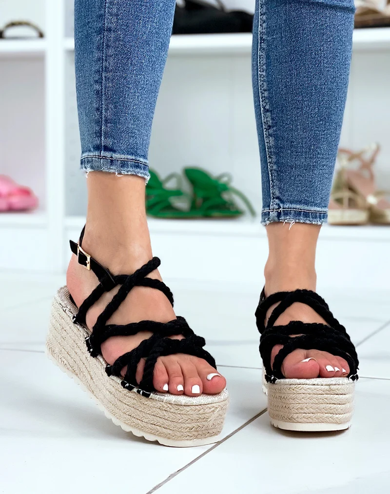 Sandales noires à lanières style corde et semelle épaisse en toile de jute
