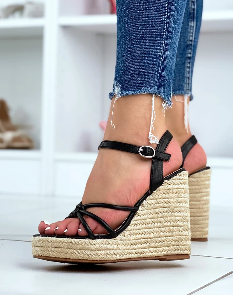 Compensées noires à talon en jute