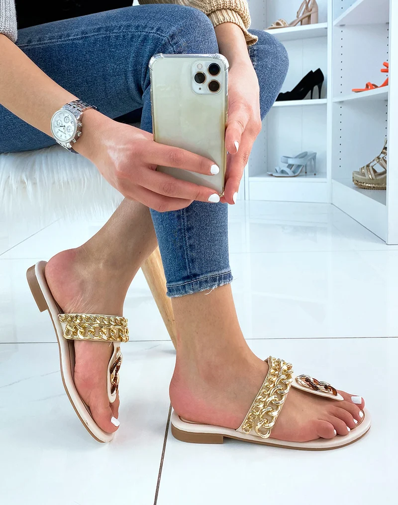 Mules à entredoigt beige avec chaines dorées