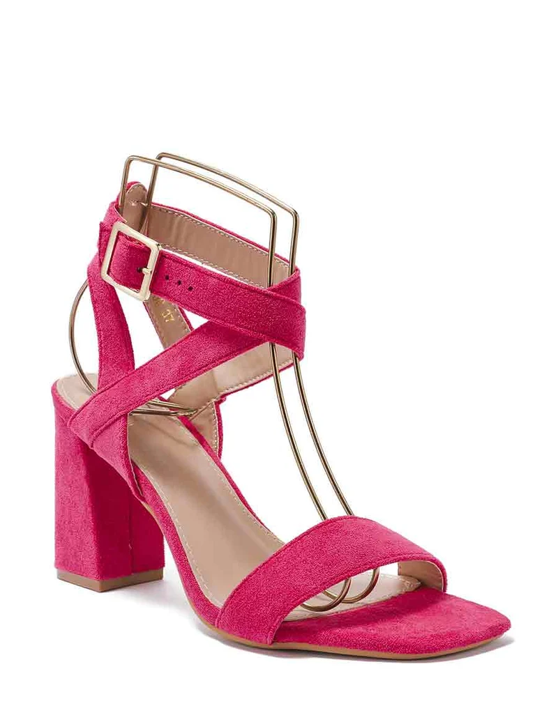 Sandales fushia en suédine à talon et bride entrecroisées
