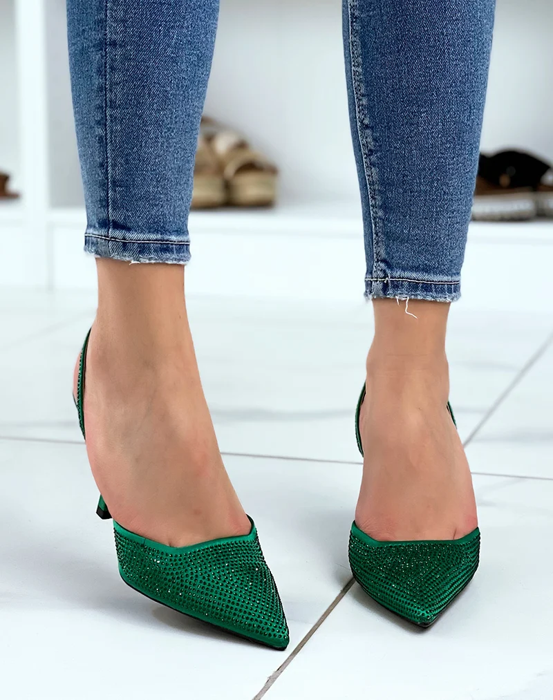 Escarpins ouverts verts à strass