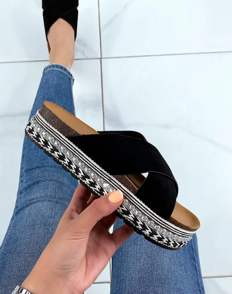 Mules en suédine noire à brides entrecroisées à plateforme