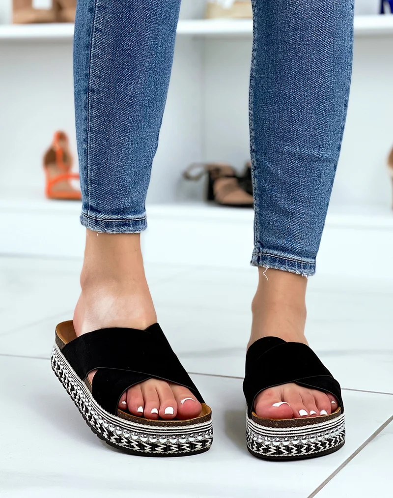 Mules en suédine noire à brides entrecroisées à plateforme
