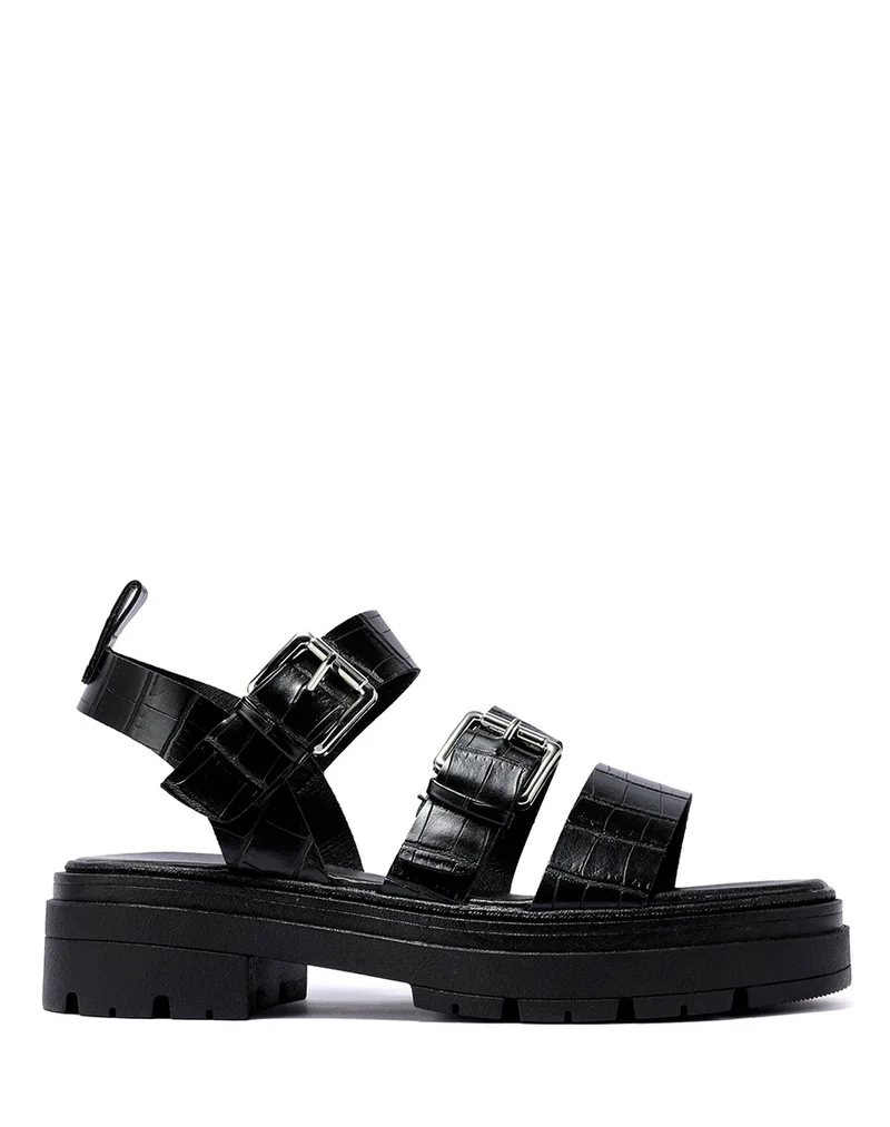 Sandales noires effet croco à multiples brides épaisses et semelle crantée