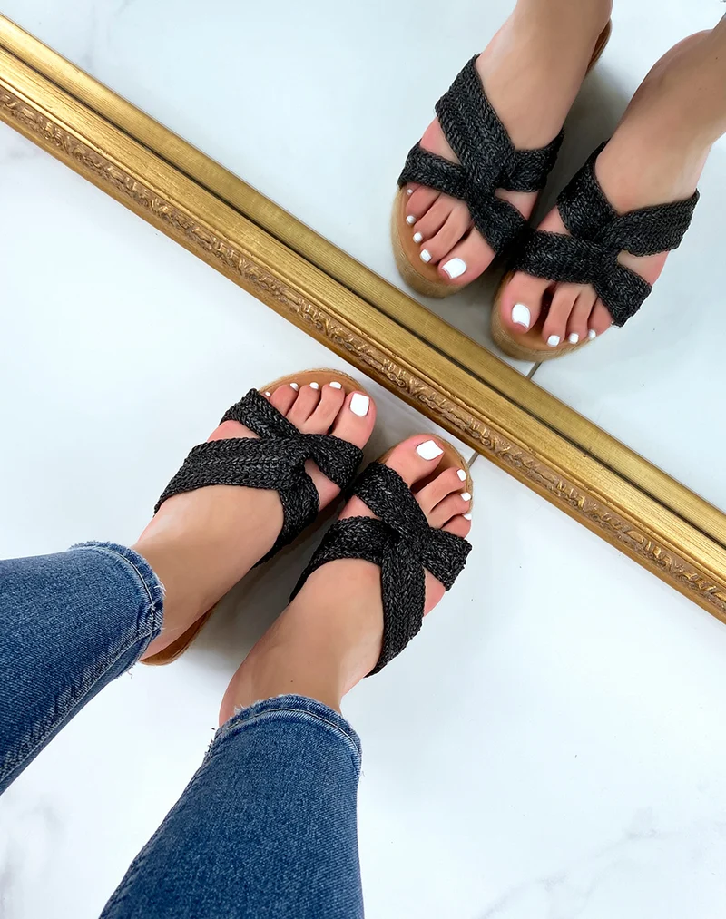 Mules à brides croisées en corde noire et semelle épaisse en toile de jute