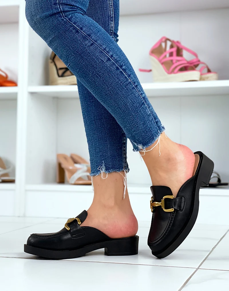 Mules mocassins noires à empiècement doré