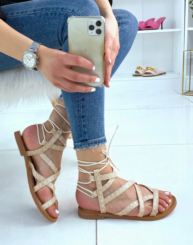Nu-pieds beiges à multiples brides effet croco