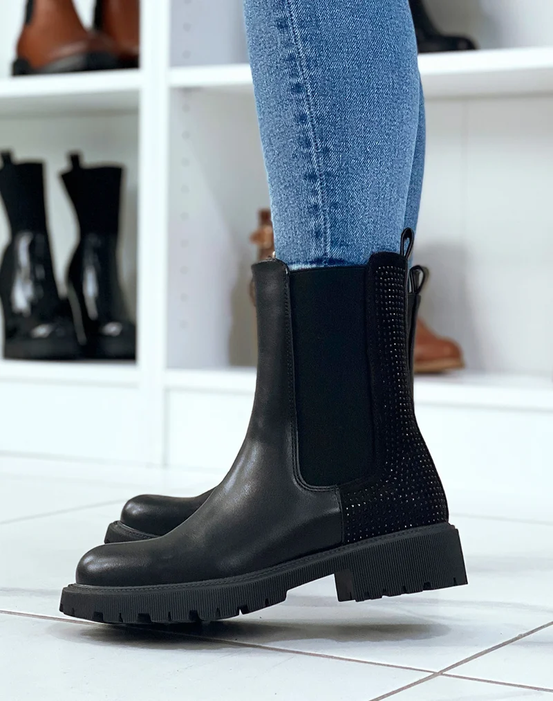 Bottines chelsea noires montantes à strass noirs