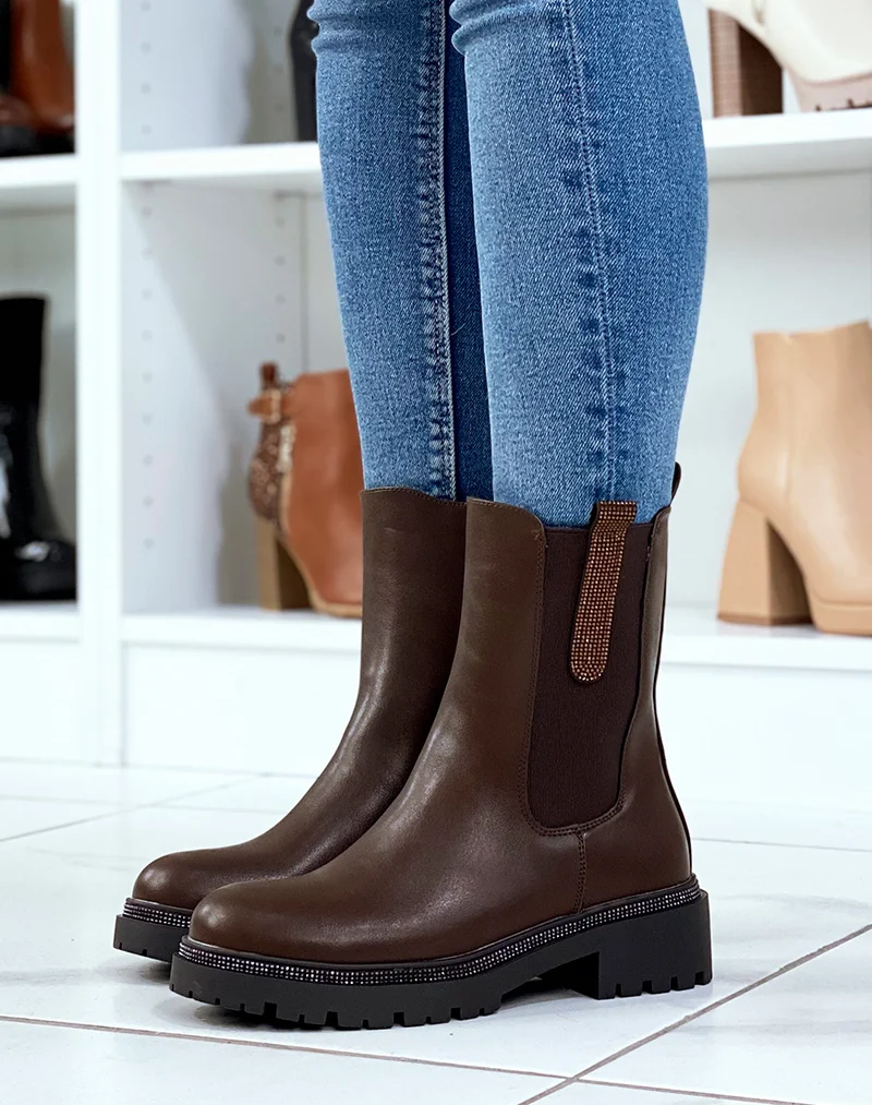 Chelsea boots marrons à détails à strass