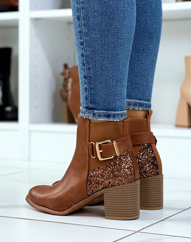 Bottines à talon camel à détail pailleté