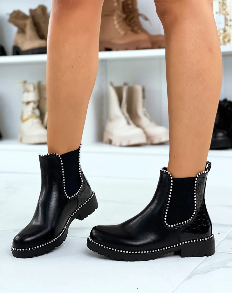 Chelsea boots noires à multiples clous argentés et arrière effet croco