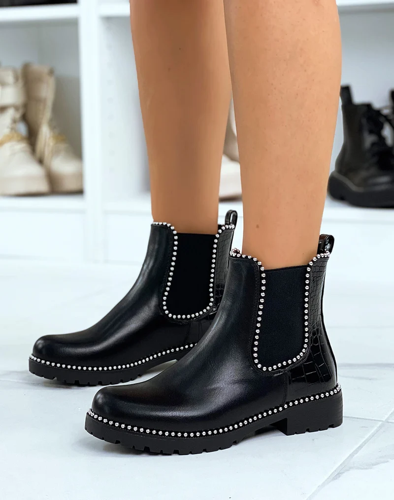 Chelsea boots noires à multiples clous argentés et arrière effet croco
