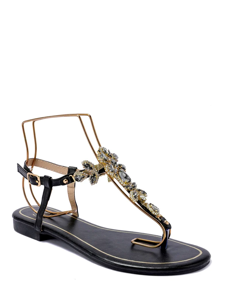 Nu-pieds noirs à multiples bijoux brillants noirs et dorés