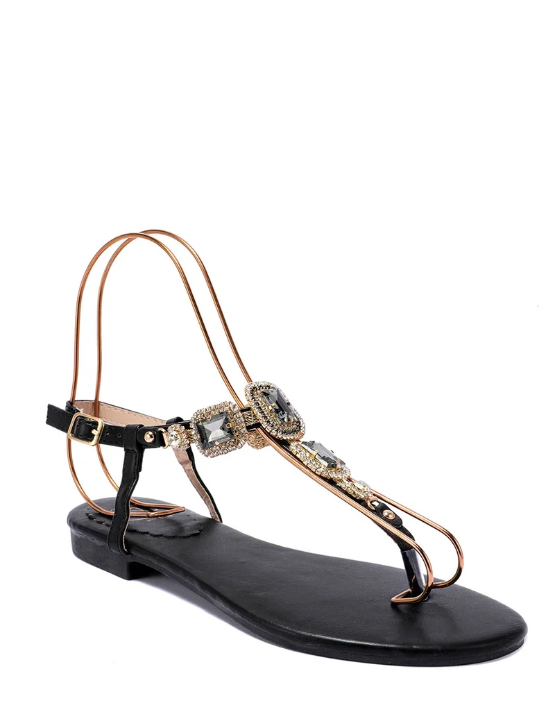 Nu-pieds noirs à bijoux carrés brillants