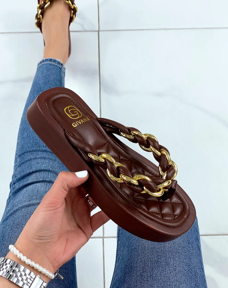 Mules marron chocolat à semelle épaisse et lanière torsadée noire et dorée