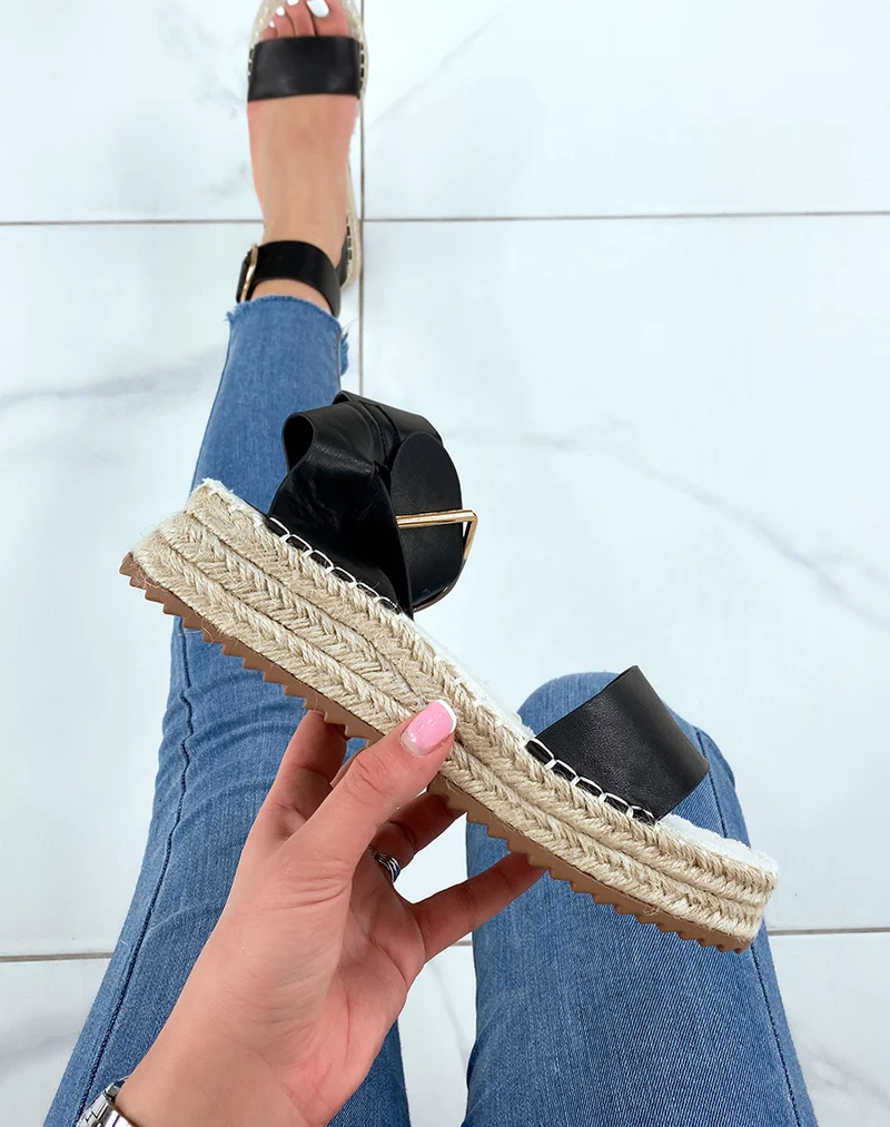 Sandales noires à brides épaisses et semelle en toile de jute