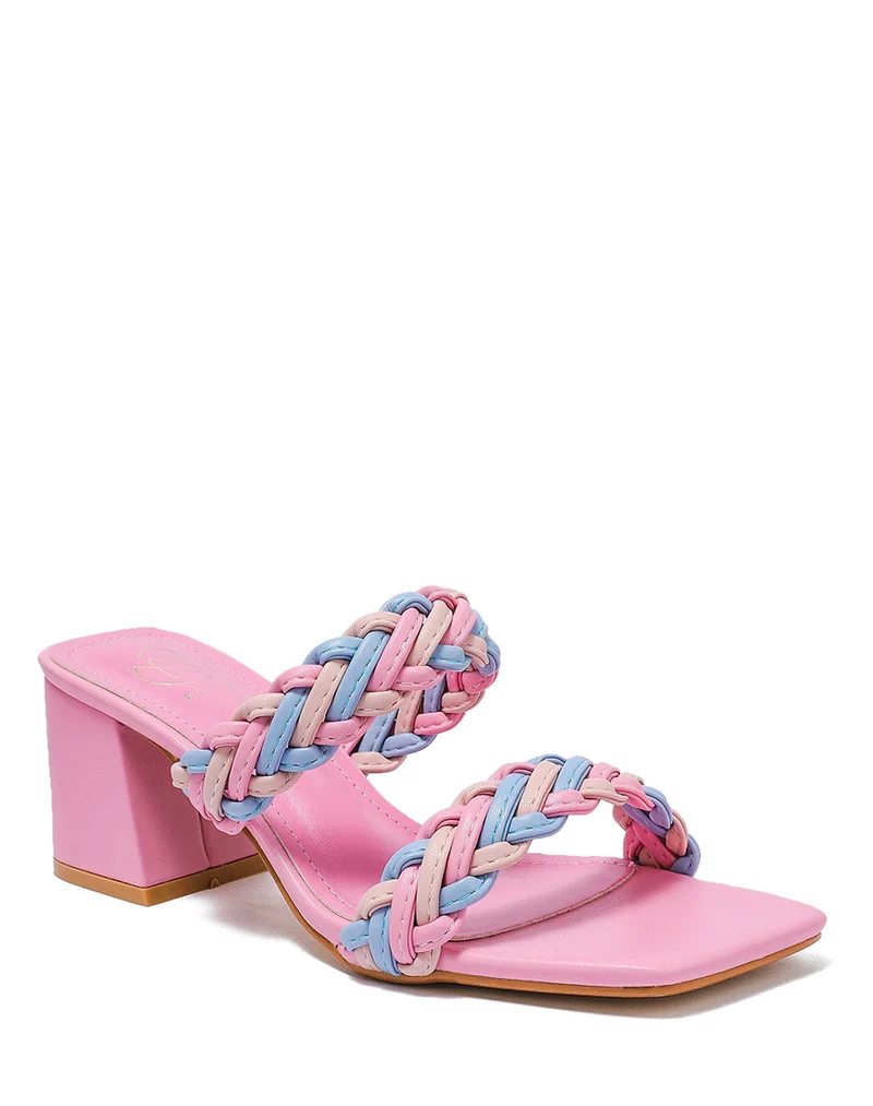 Mules roses tressées à talon bas carré