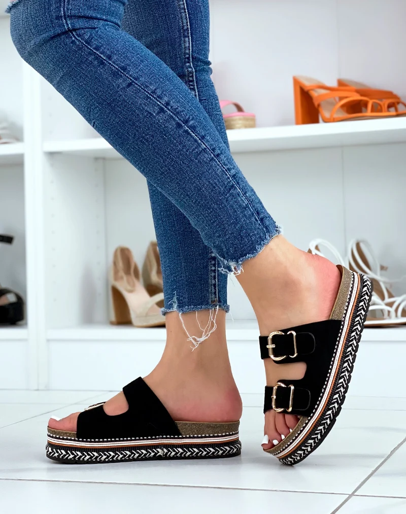 Mules plates noires à double bride et semelle aztèque