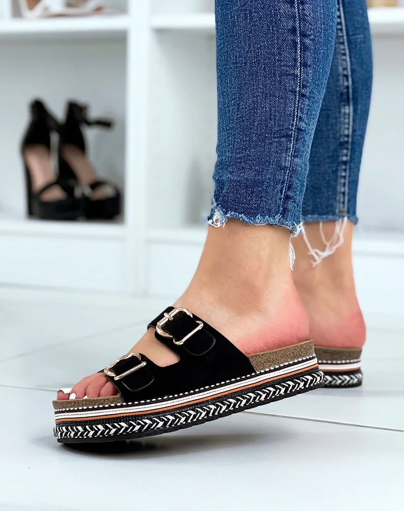 Mules plates noires à double bride et semelle aztèque
