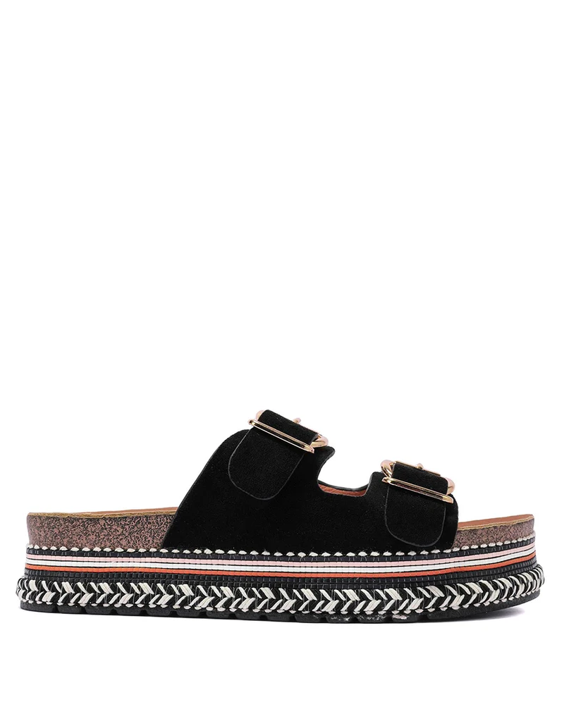Mules plates noires à double bride et semelle aztèque