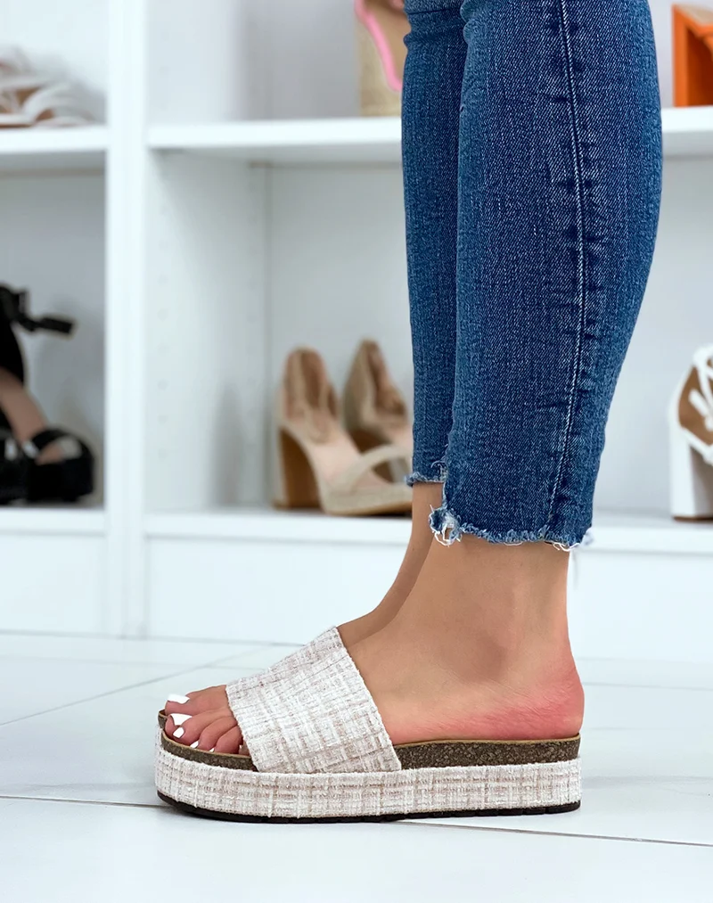 Mules plates en tweed beige