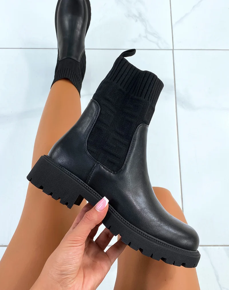 Bottines effet chaussette noires à semelle talonnée